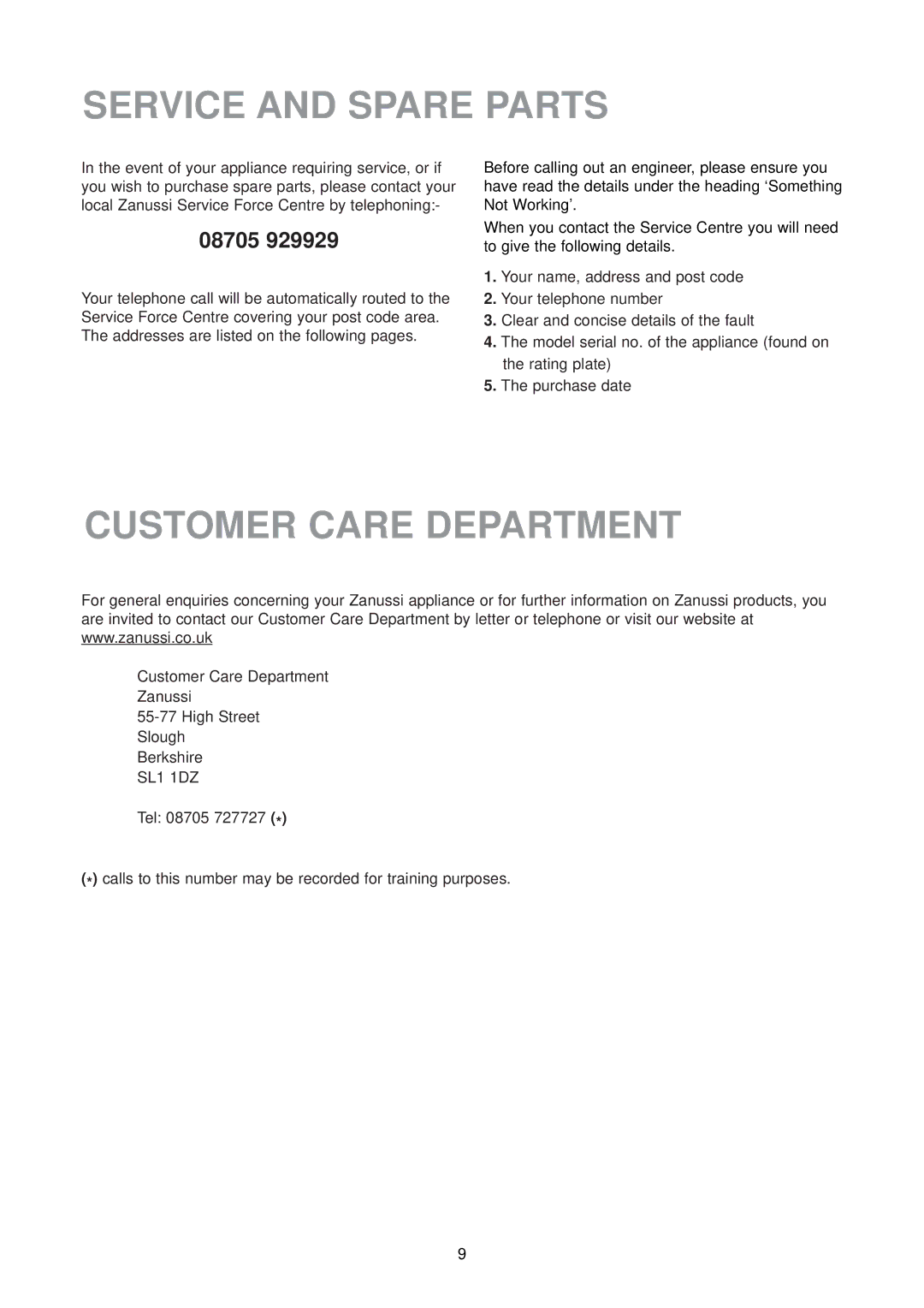 Zanussi ZU 9154 manual Service and Spare Parts, Customer Care Department, 08705 
