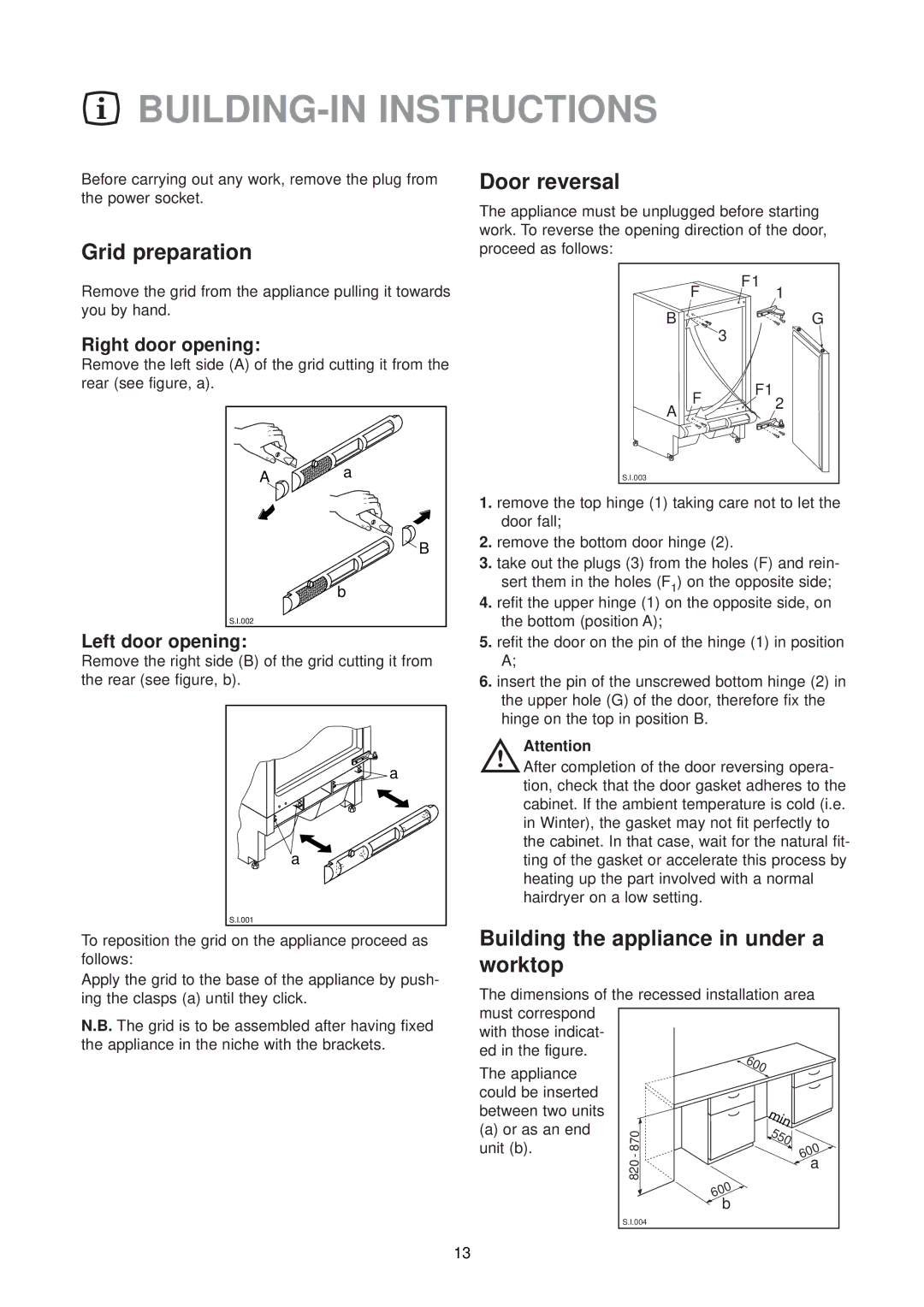 Zanussi ZU 9155 manual BUILDING-IN Instructions, Grid preparation, Door reversal, Building the appliance in under a worktop 