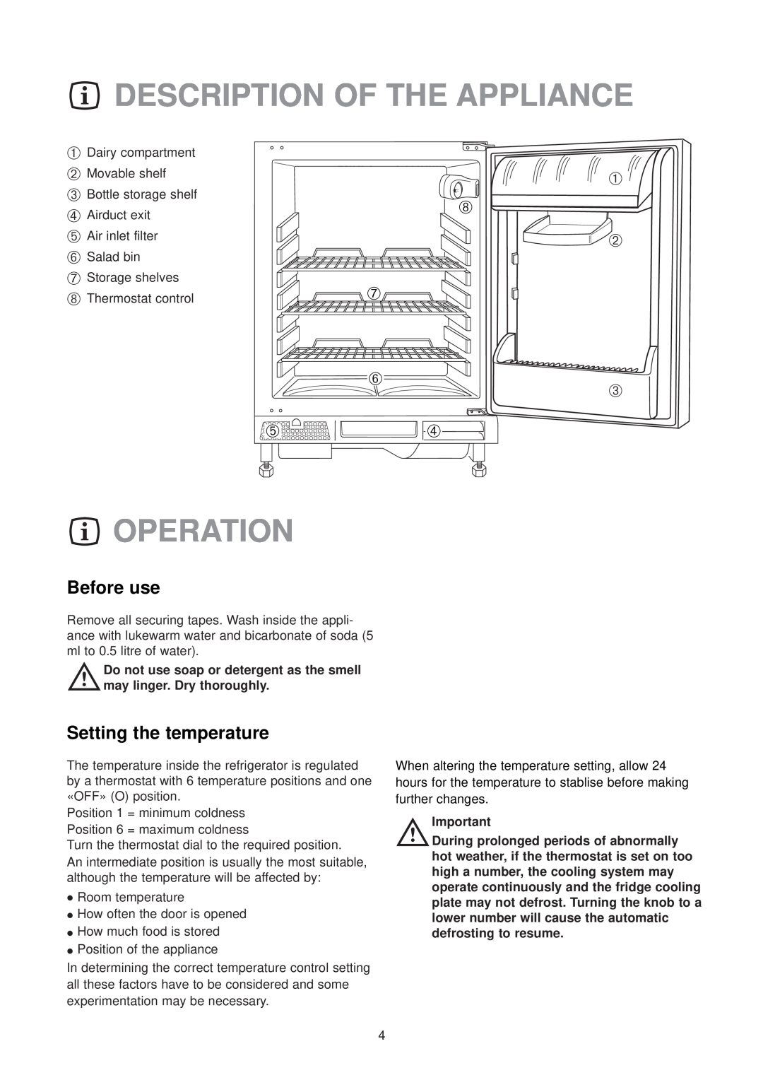 Zanussi ZU 9155 manual Description Of The Appliance, Operation, Before use, Setting the temperature 