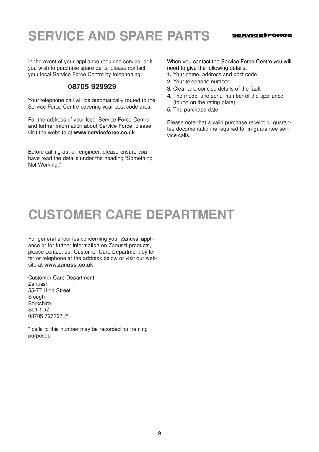 Zanussi ZU 9155 manual Service And Spare Parts, Customer Care Department 