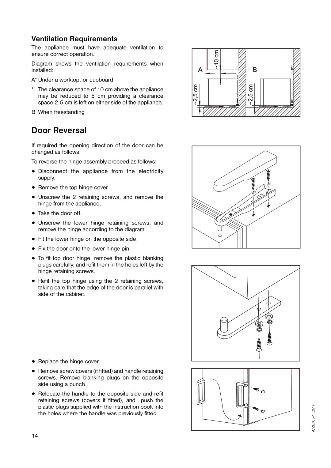 Zanussi ZUC 053W manual Door Reversal, Ventilation Requirements 