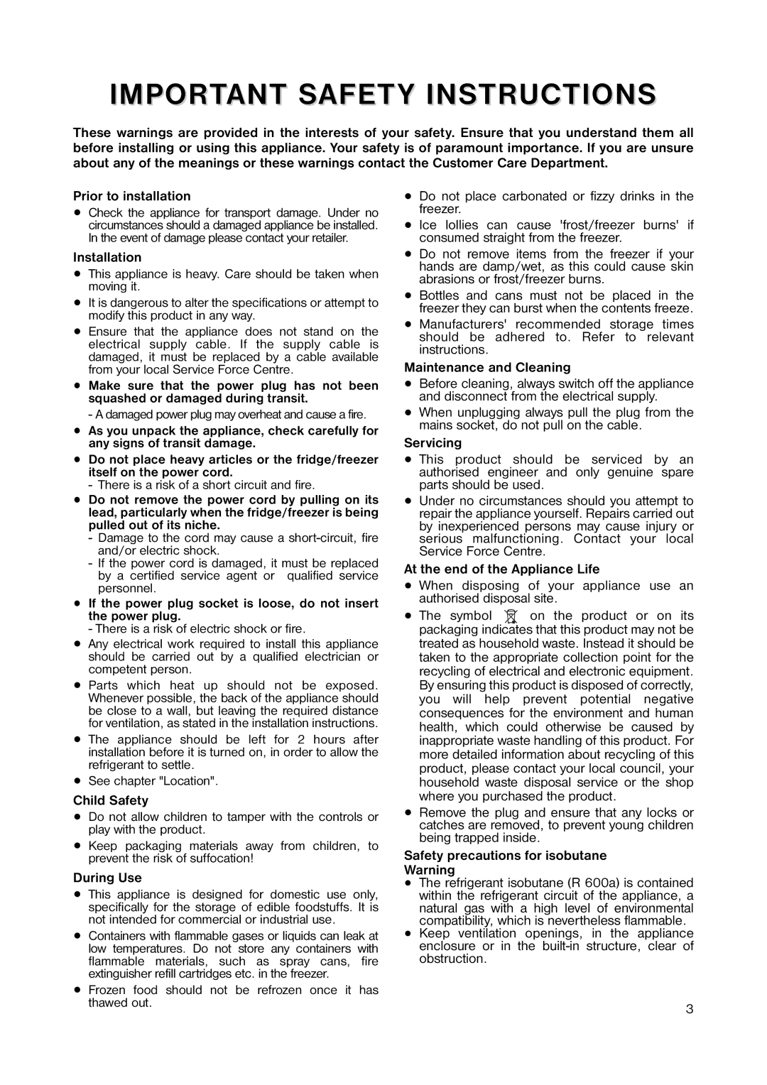 Zanussi ZUC 053W manual Prior to installation, Installation, Child Safety, During Use, Maintenance and Cleaning, Servicing 