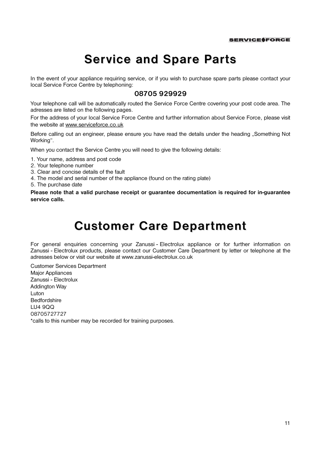 Zanussi ZUC 053W manual Service and Spare Parts, Customer Care Department, 08705 