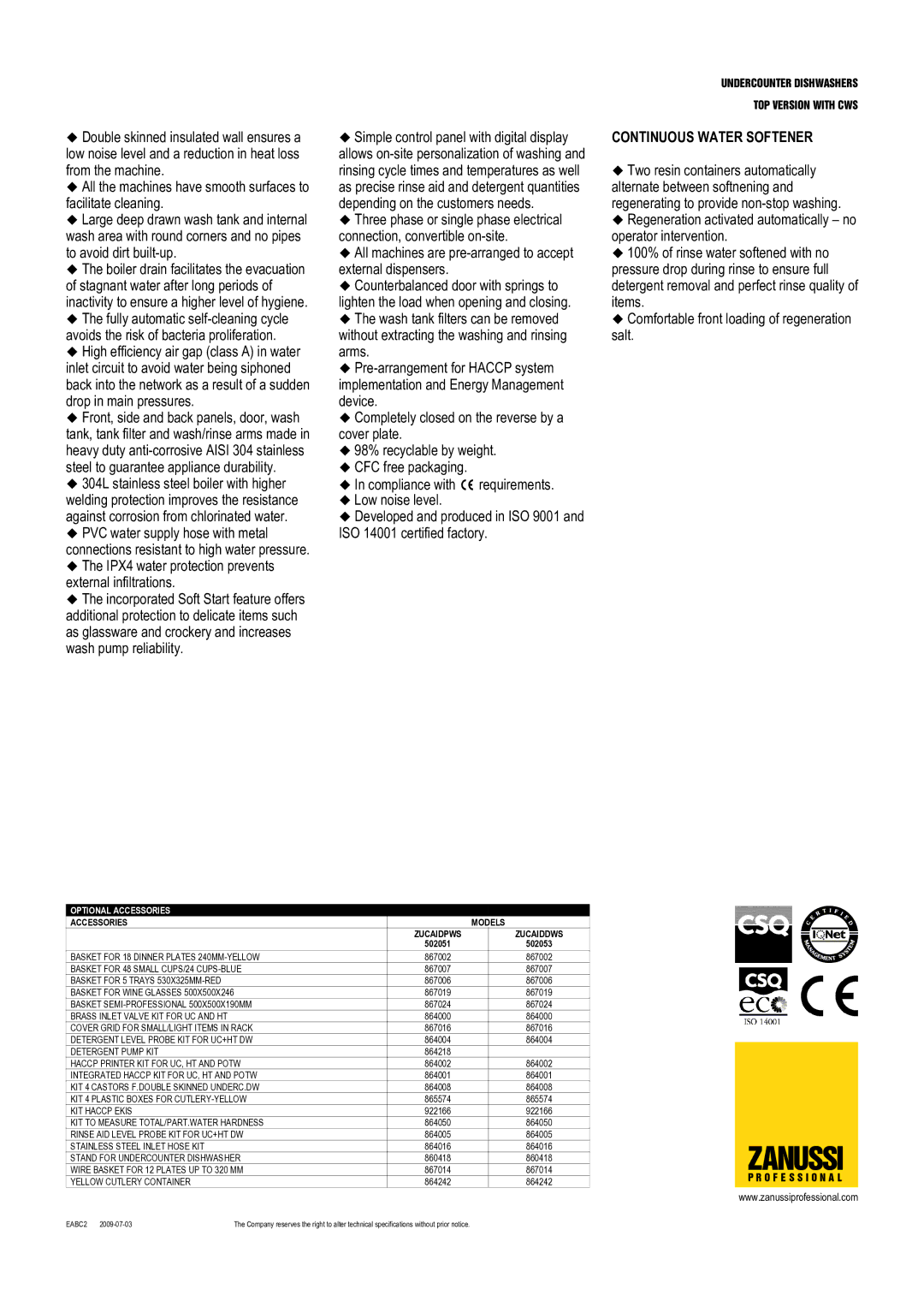 Zanussi 502053, ZUCAIDPWS, ZUCAIDDWS, 502051 dimensions Continuous Water Softener, Accessories Models Zucaidpws Zucaiddws 