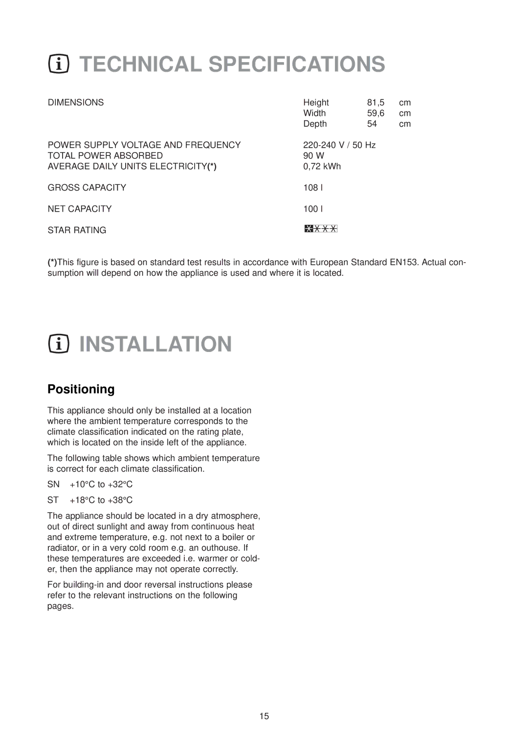 Zanussi ZUD 9100 F manual Technical Specifications, Installation, Positioning 