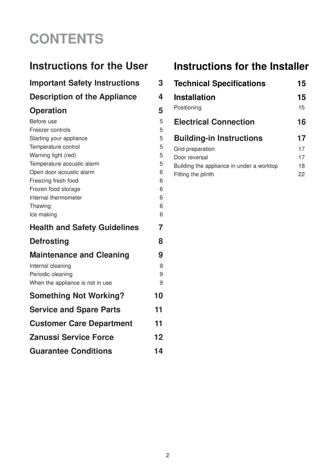 Zanussi ZUD 9100 F manual Contents 