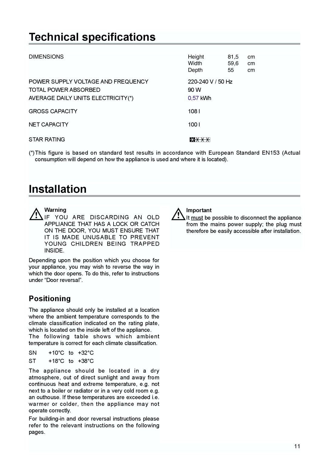 Zanussi ZUD 9100 FA manual Technical specifications, Installation, Positioning 