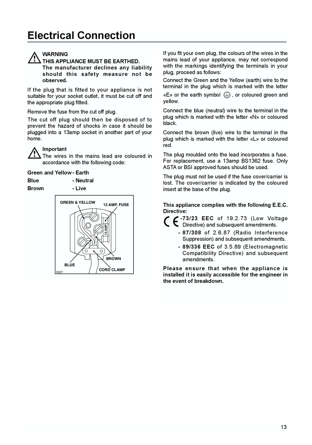 Zanussi ZUD 9100 FA manual Electrical Connection, Green and Yellow Earth Blue- Neutral Brown Live 