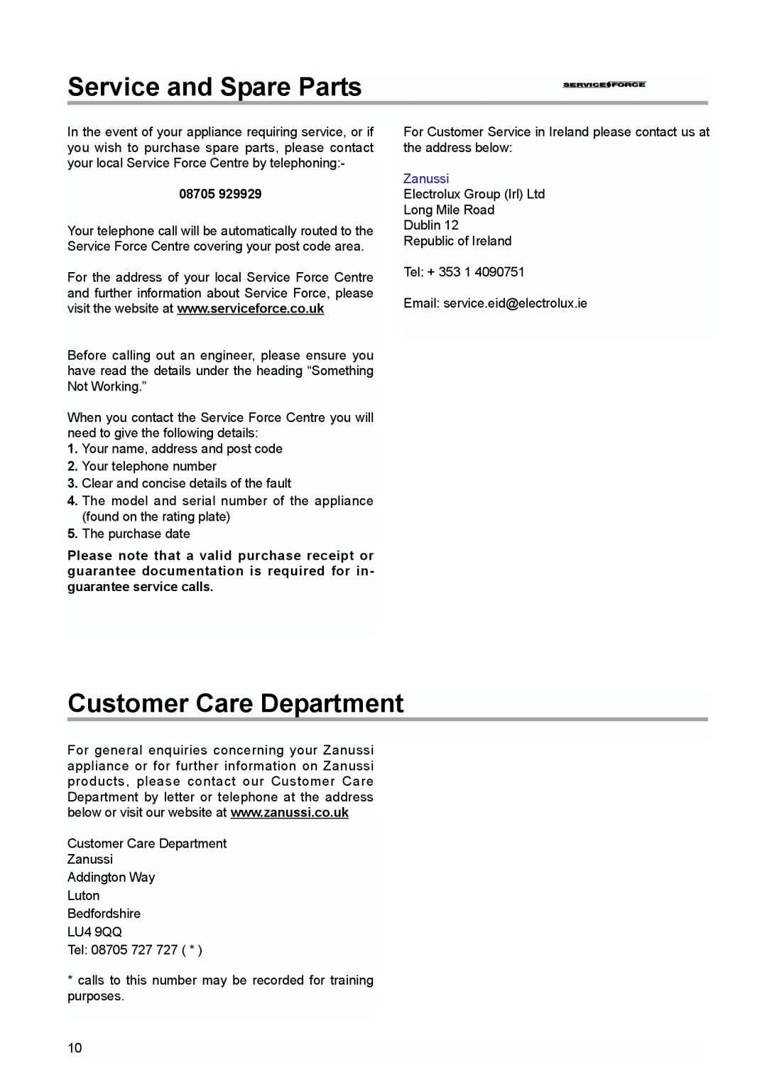 Zanussi ZUD 9124 A manual Service and Spare Parts, Customer Care Department, 08705, Zanussi 