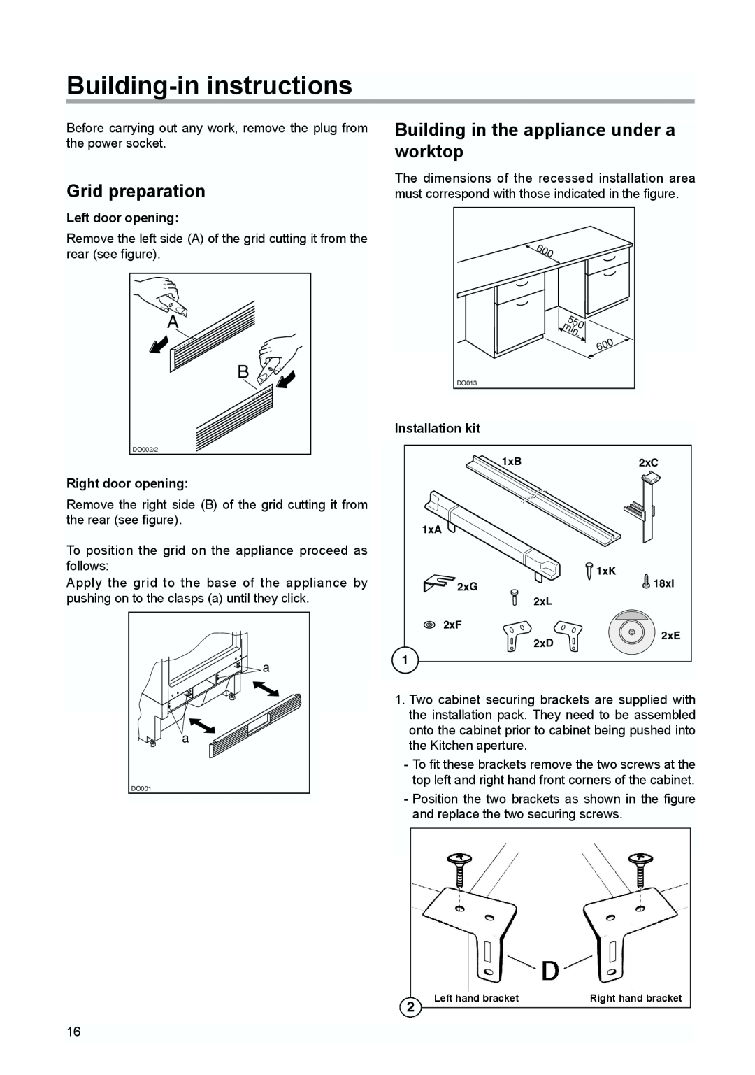 Zanussi ZUD 9124 A Building-in instructions, Grid preparation, Building in the appliance under a worktop, Installation kit 
