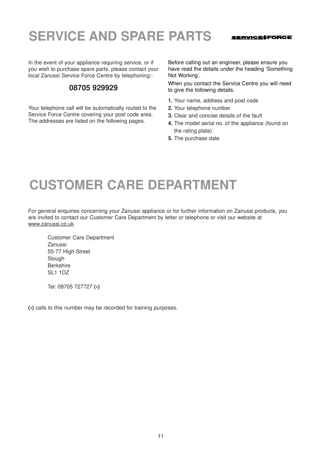 Zanussi ZUD 9124 manual Service And Spare Parts, Customer Care Department, 08705 