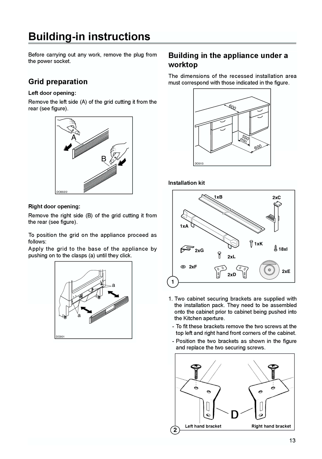 Zanussi ZUD 9154 A Building-in instructions, Grid preparation Building in the appliance under a worktop, Left door opening 