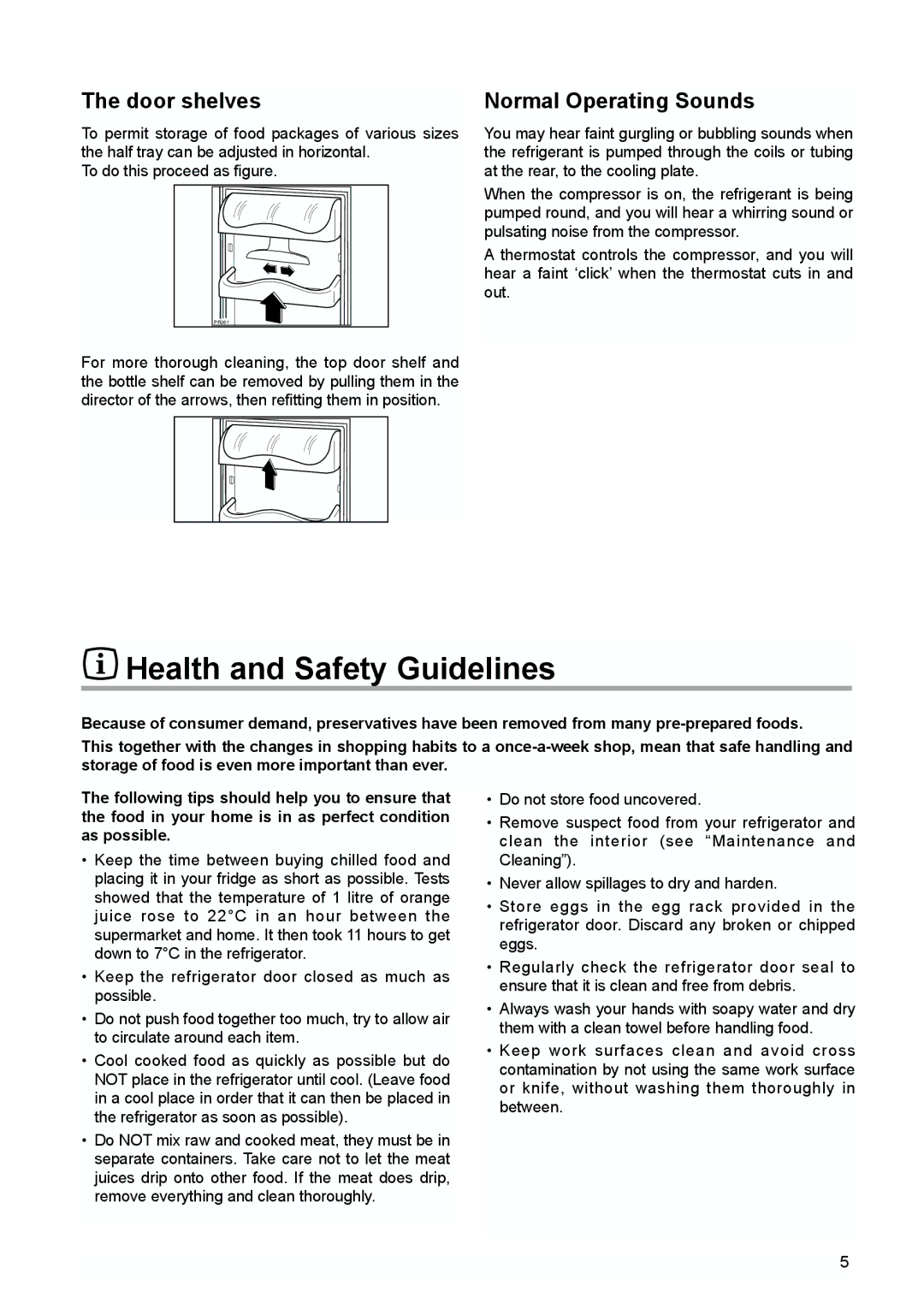 Zanussi ZUD 9154 A manual Health and Safety Guidelines, Door shelves, Normal Operating Sounds 