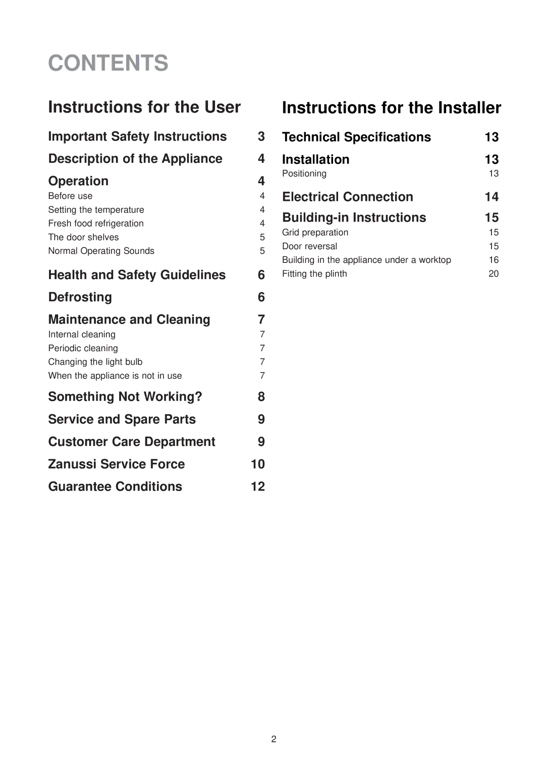 Zanussi ZUD 9154 manual Contents 