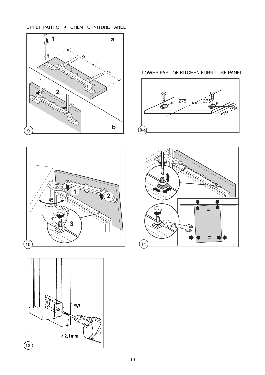 Zanussi ZUD 9154 manual Upper Part Of Kitchen Furniture Panel, Lower Part Of Kitchen Furniture Panel 