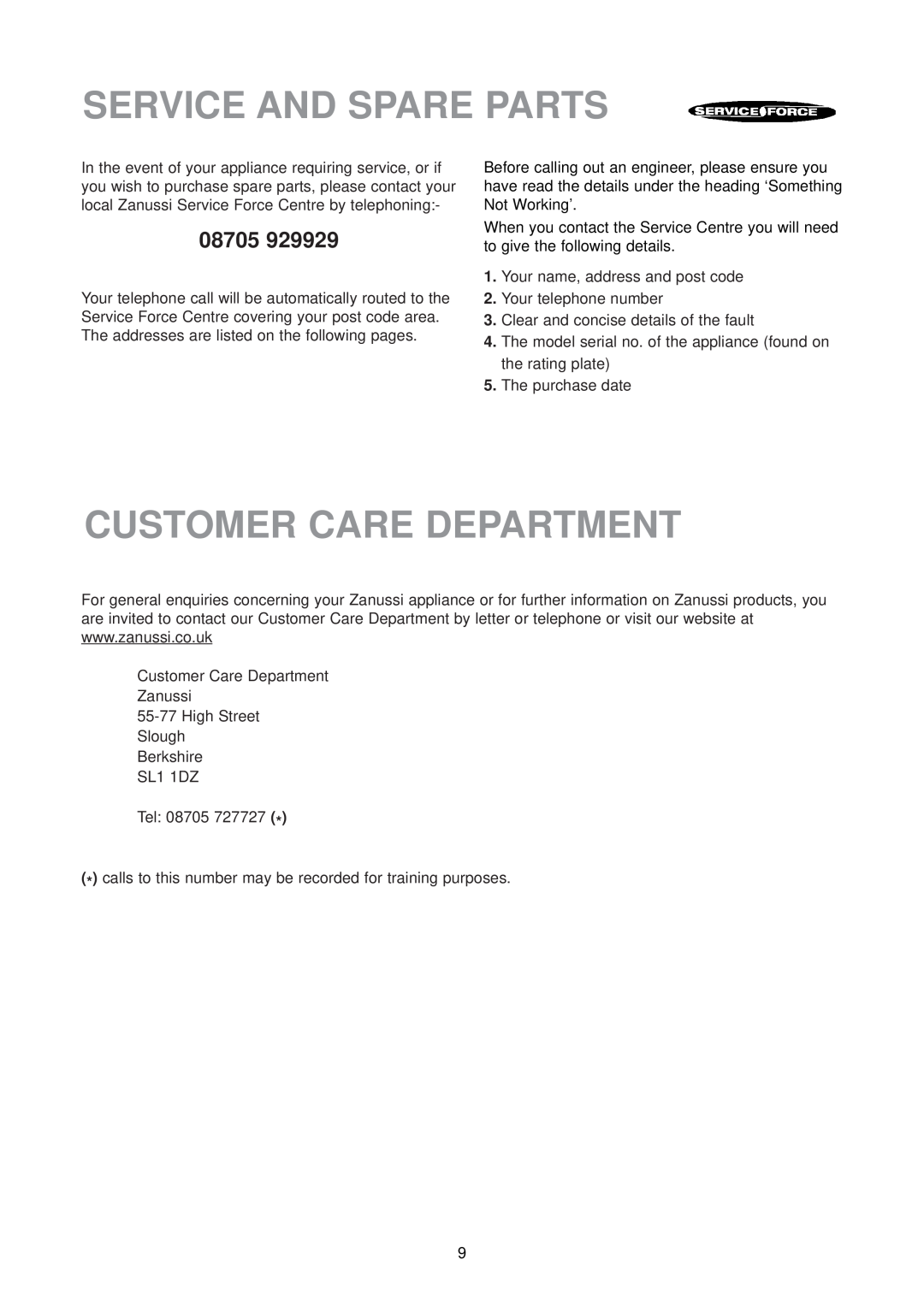 Zanussi ZUD 9154 manual Service And Spare Parts, Customer Care Department 