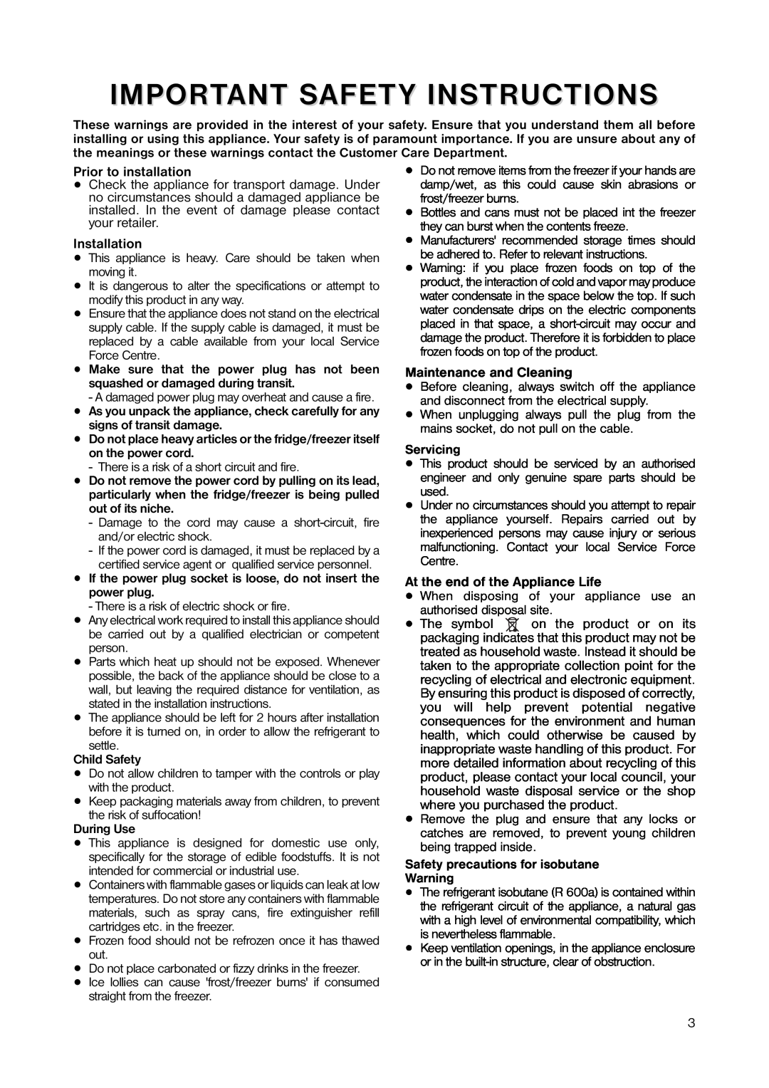 Zanussi ZUF 105W manual Important Safety Instructions 
