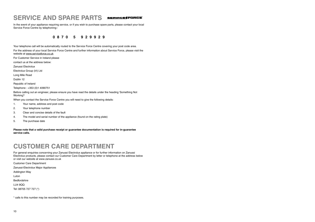 Zanussi ZUF 2320 manual Service and Spare Parts, Customer Care Department, 9 9 2 