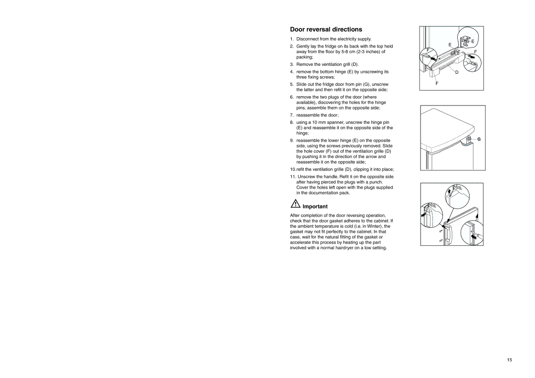 Zanussi ZUF 2320 manual Door reversal directions 