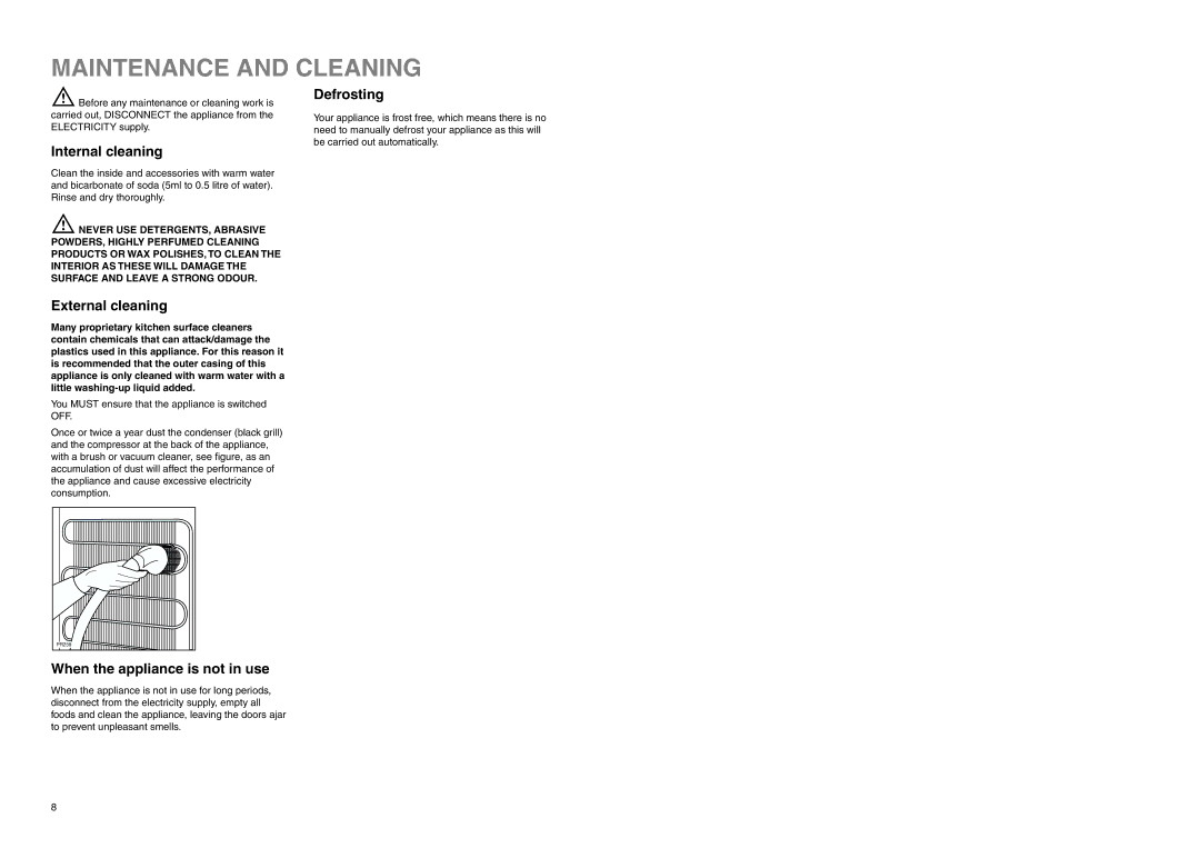 Zanussi ZUF 2320 manual Maintenance and Cleaning, Internal cleaning, External cleaning, Defrosting 