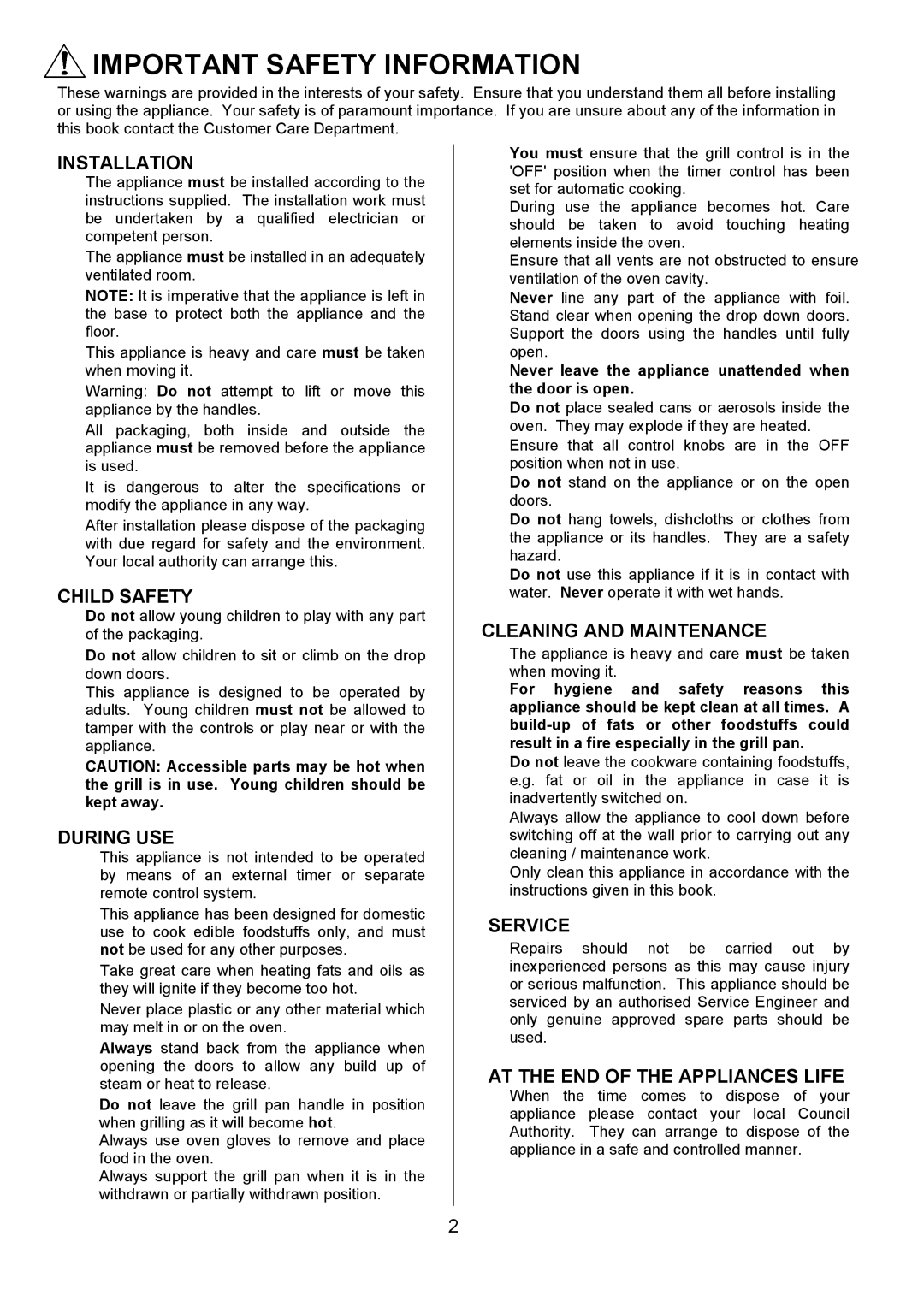 Zanussi ZUF 270 manual Important Safety Information 