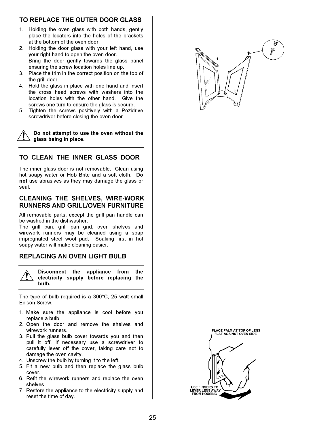 Zanussi ZUF 270 manual To Replace the Outer Door Glass, To Clean the Inner Glass Door, Replacing AN Oven Light Bulb 