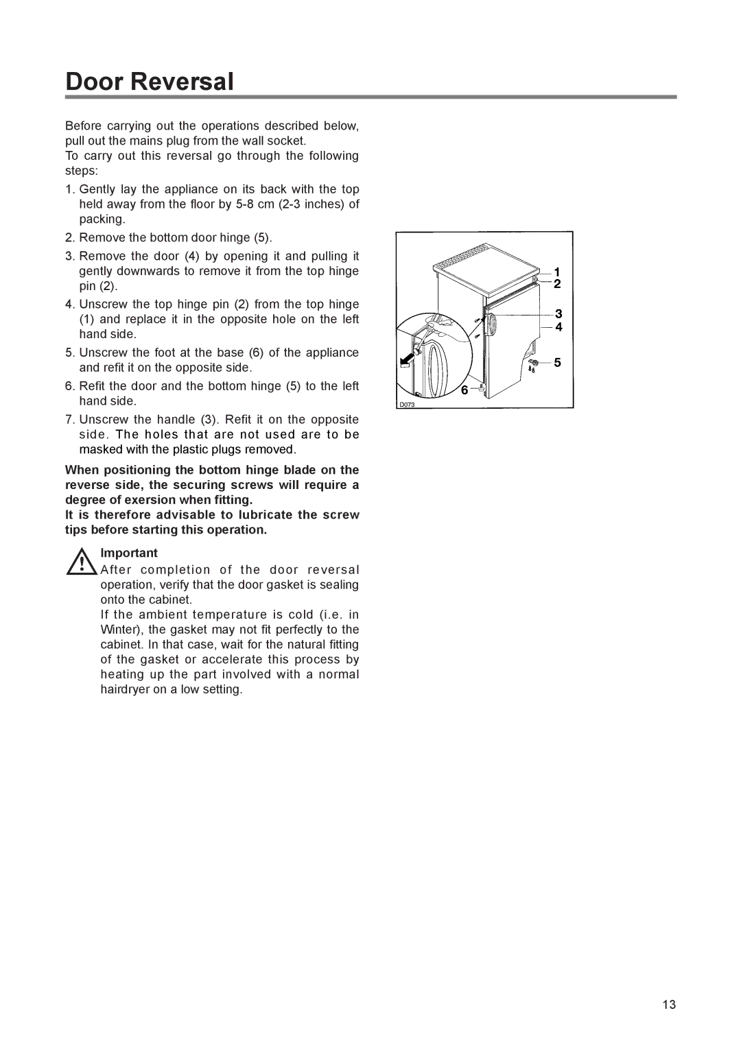 Zanussi ZEF 90 W 1, ZUF 65 W 1 manual Door Reversal 