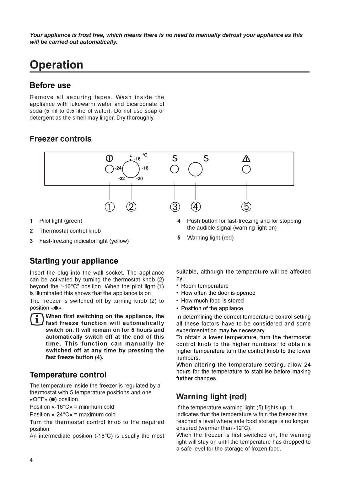 Zanussi ZUF 65 W 1, ZEF 90 W 1 manual Operation, Before use, Freezer controls, Starting your appliance, Temperature control 