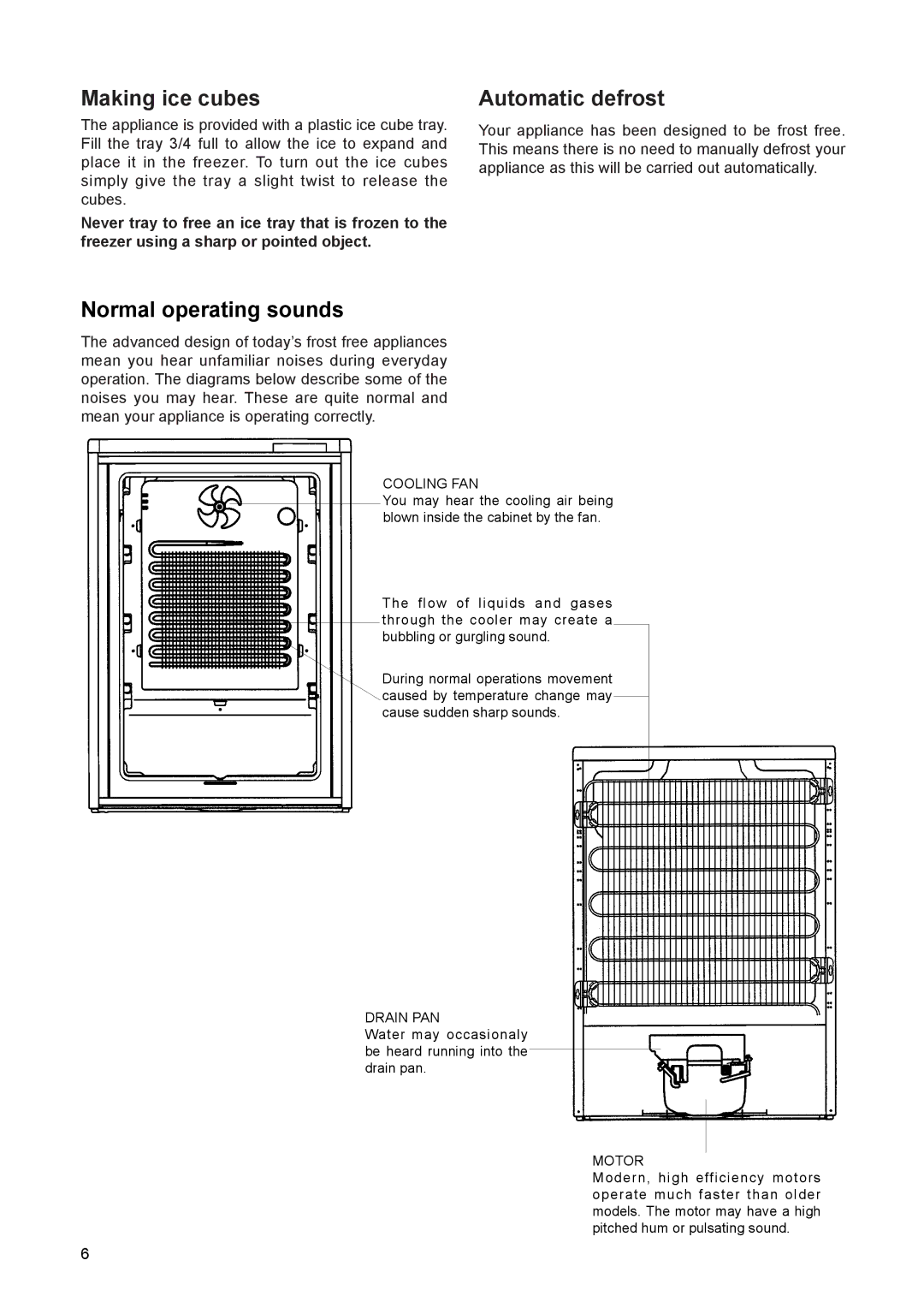 Zanussi ZUF 65 W 1, ZEF 90 W 1 manual Making ice cubes, Automatic defrost, Normal operating sounds 