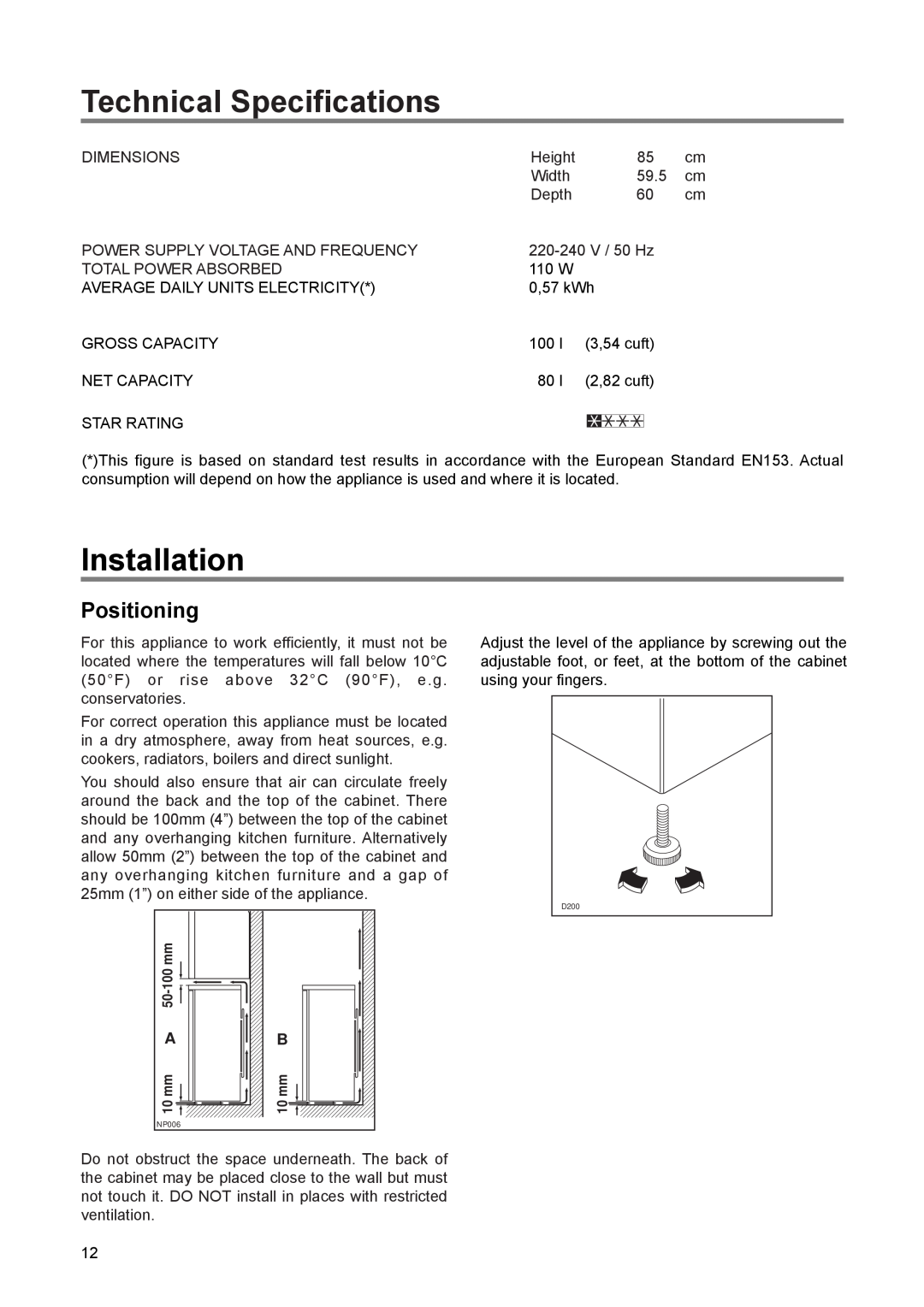 Zanussi ZUF 65 W 1, ZEF 90 W 1 manual Technical Specifications, Installation, Positioning 