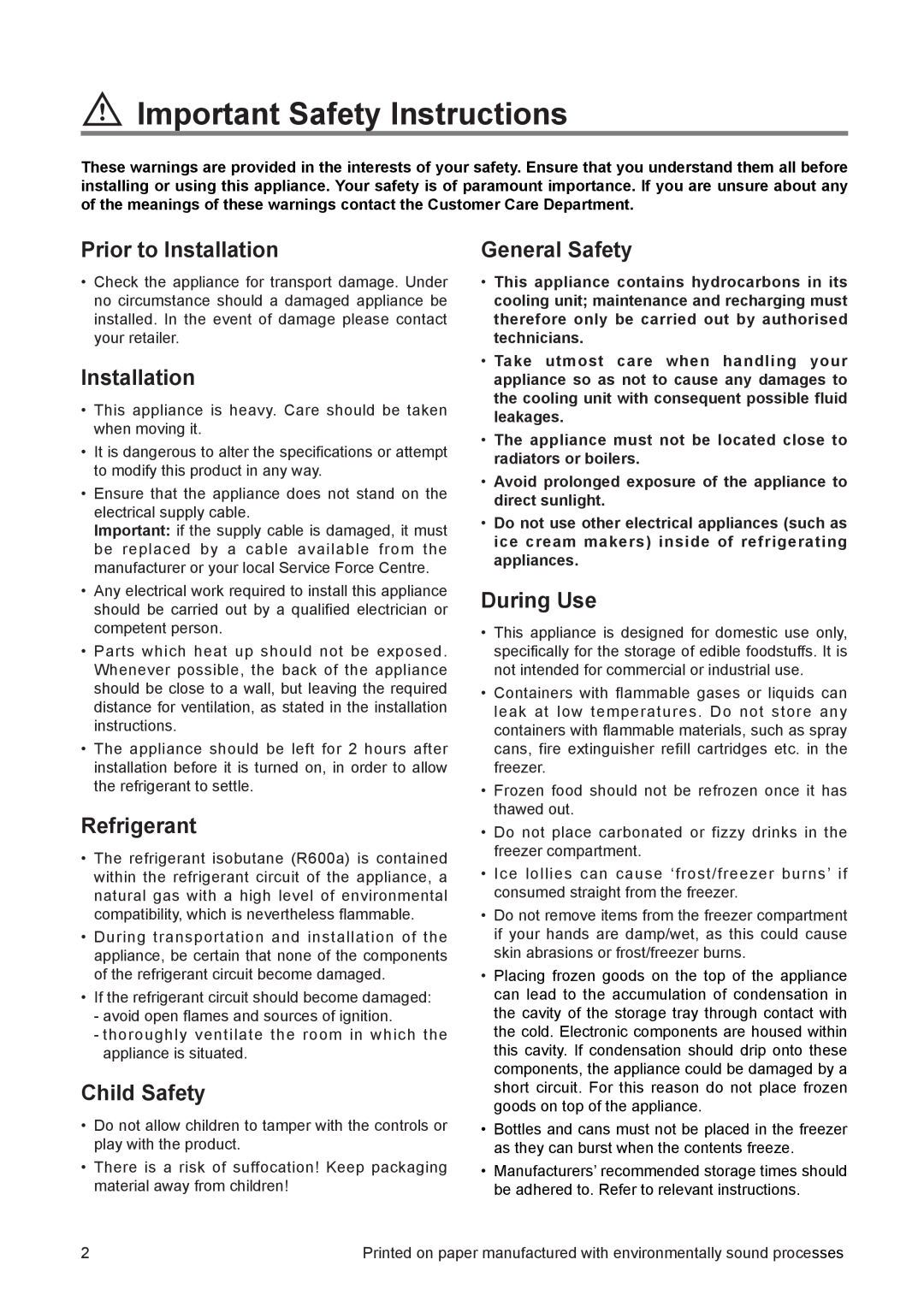 Zanussi ZUF 65 W 1 manual Important Safety Instructions, Prior to Installation, Refrigerant, Child Safety, General Safety 