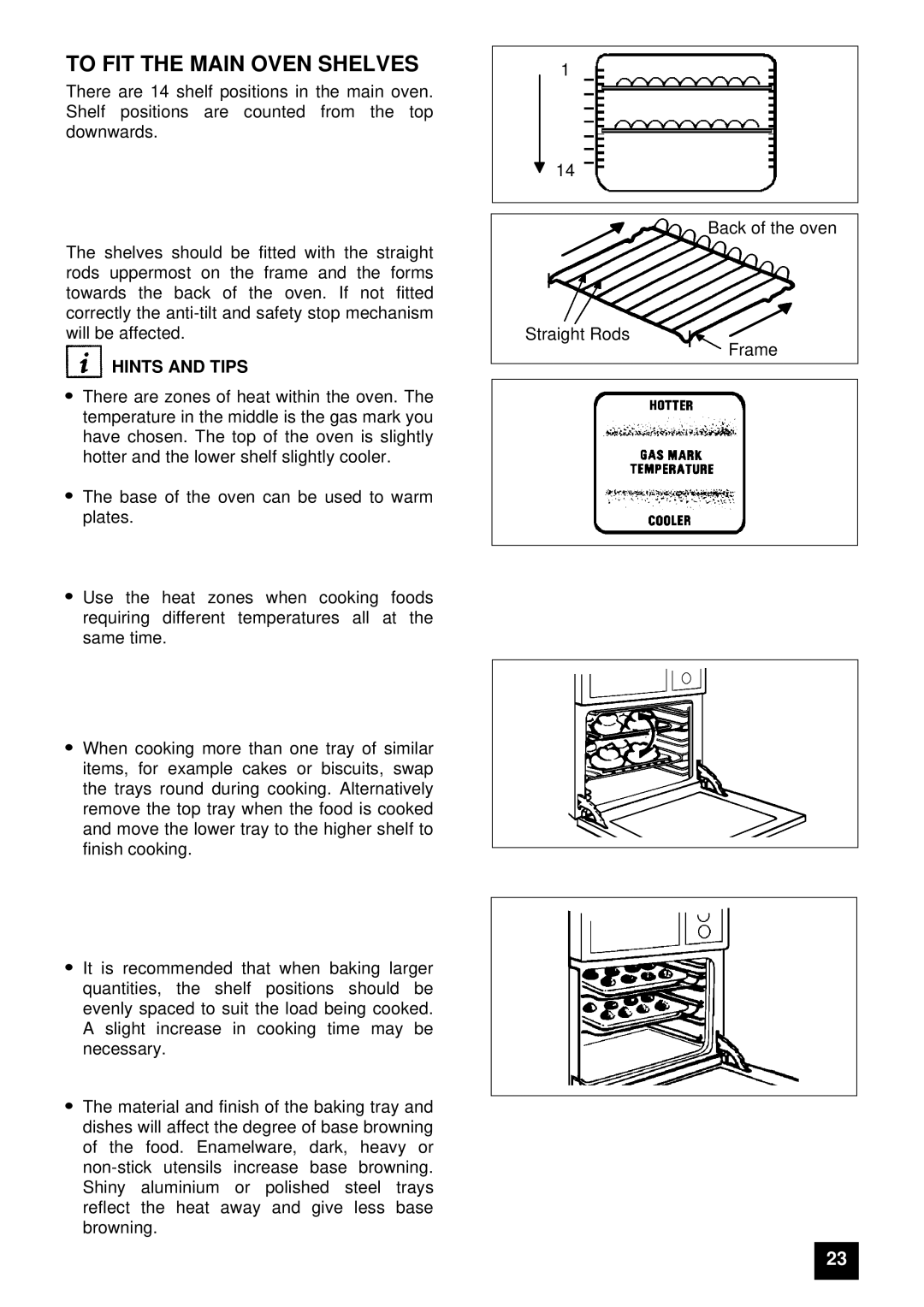 Zanussi ZUG 78 manual To FIT the Main Oven Shelves, Hints and Tips 