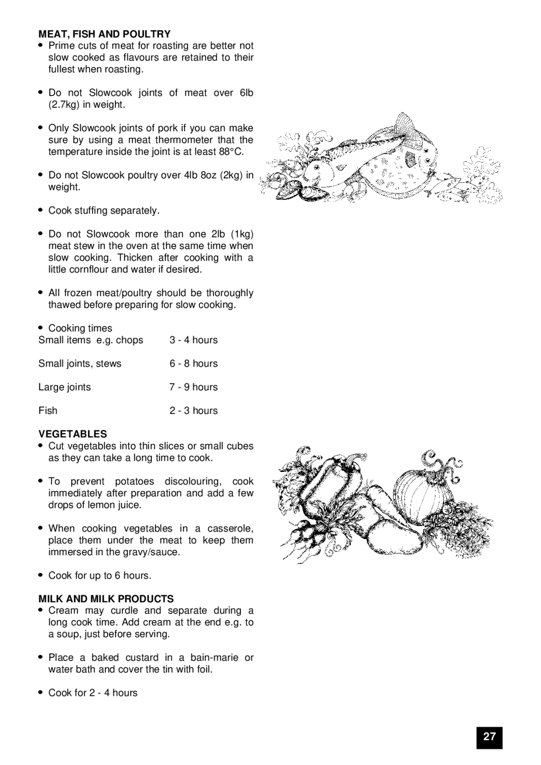 Zanussi ZUG 78 manual MEAT, Fish and Poultry, Vegetables, Milk and Milk Products 