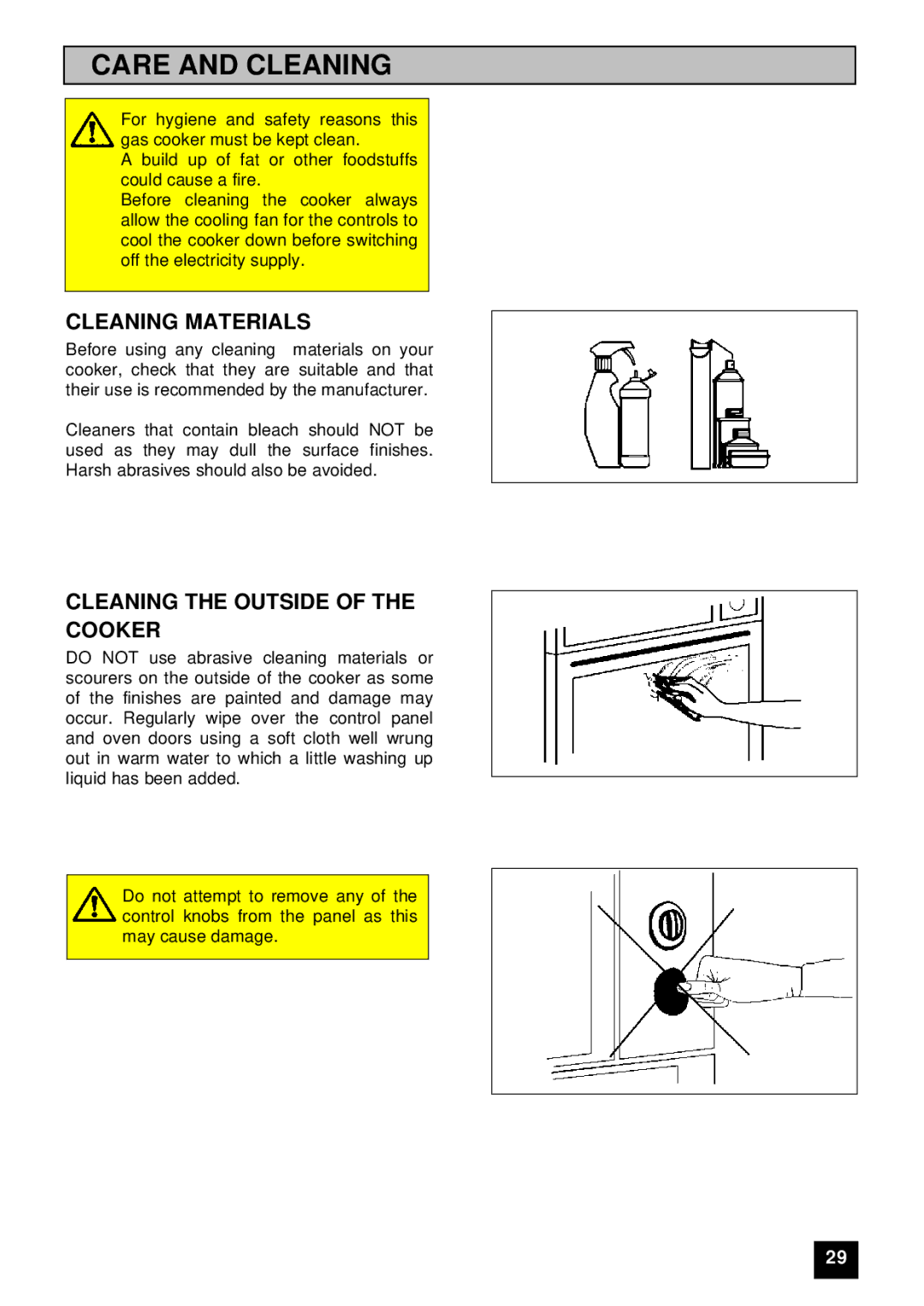 Zanussi ZUG 78 manual Care and Cleaning, Cleaning Materials, Cleaning the Outside of the Cooker 