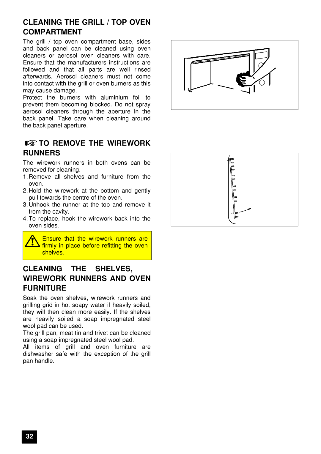 Zanussi ZUG 78 manual Cleaning the Grill / TOP Oven Compartment, To Remove the Wirework Runners 