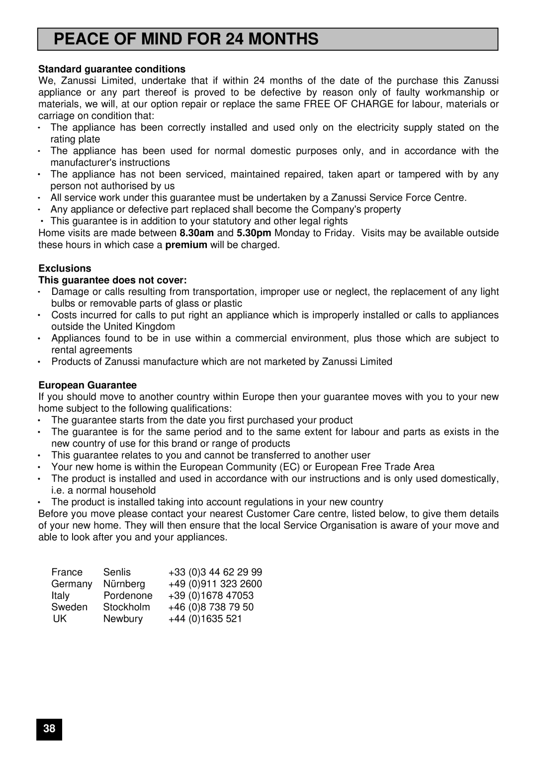 Zanussi ZUG 78 manual Peace of Mind for 24 Months, Standard guarantee conditions 