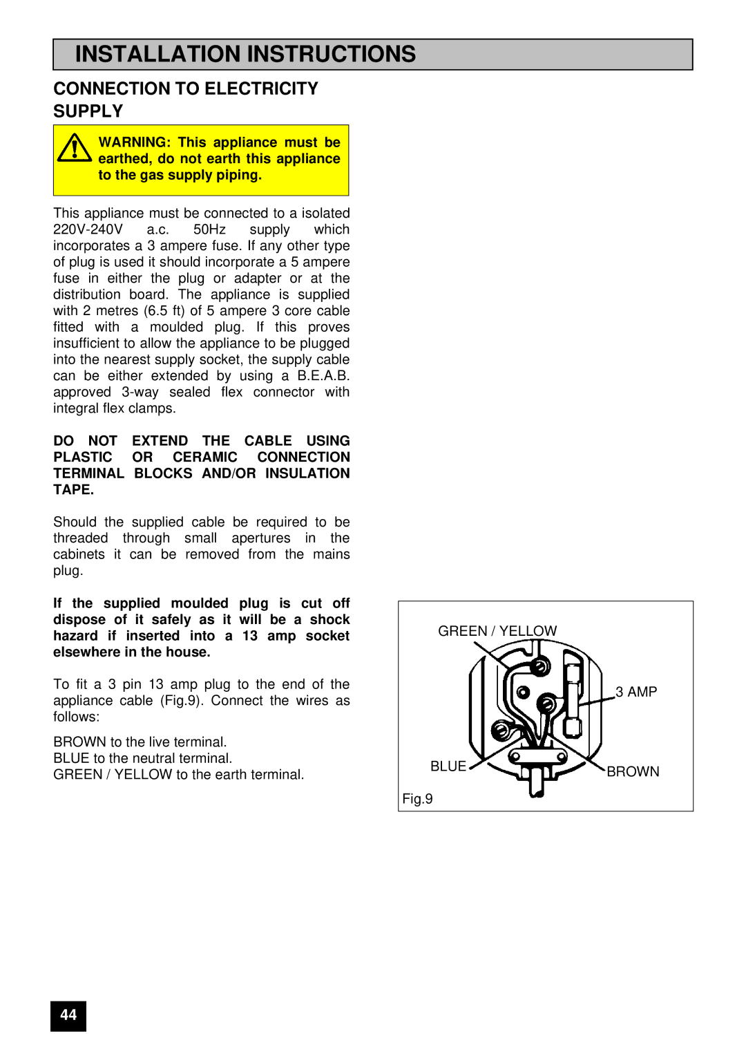 Zanussi ZUG 78 manual Connection to Electricity Supply 