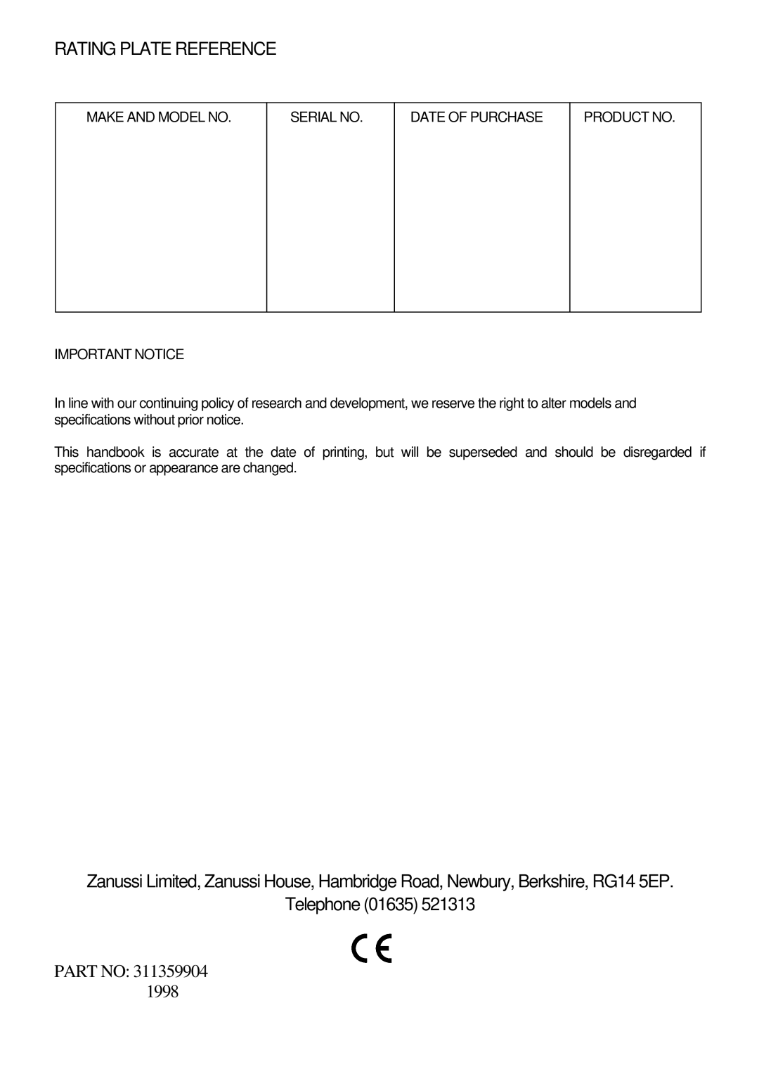 Zanussi ZUG 78 manual Rating Plate Reference 