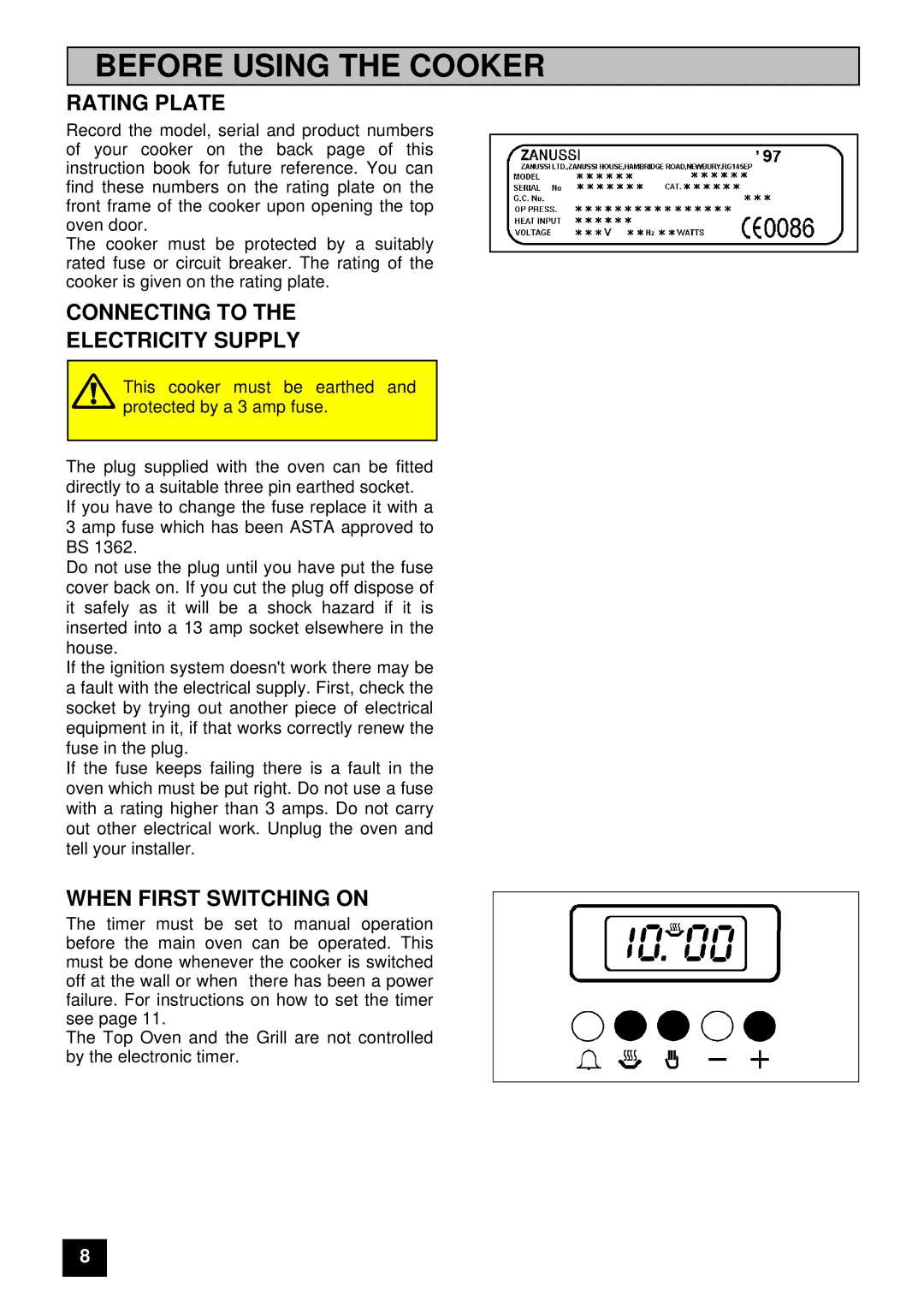 Zanussi ZUG 78 manual Before Using the Cooker, Rating Plate, Connecting to Electricity Supply, When First Switching on 