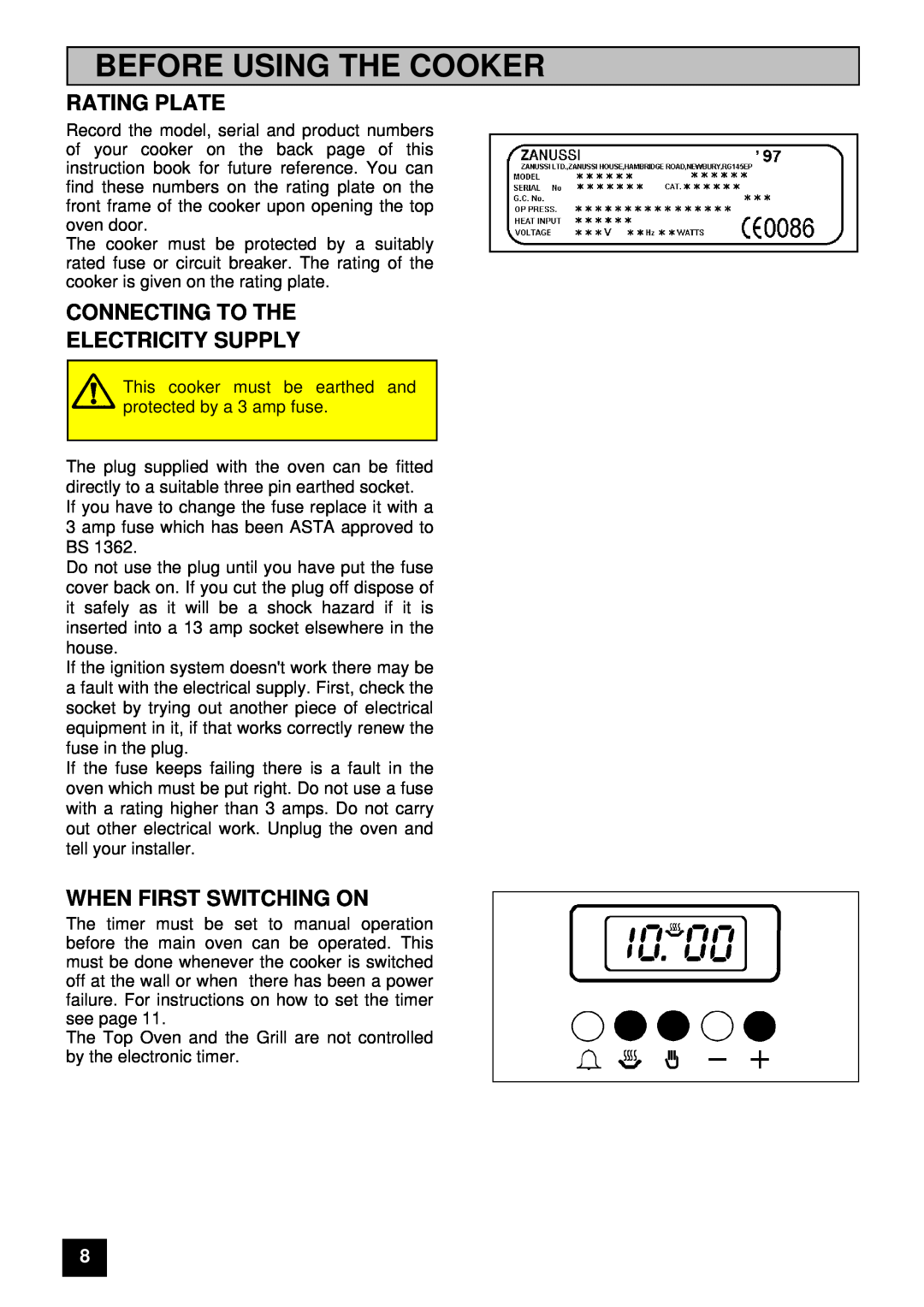 Zanussi ZUG 78 manual Before Using The Cooker, Rating Plate, Connecting To The Electricity Supply, When First Switching On 