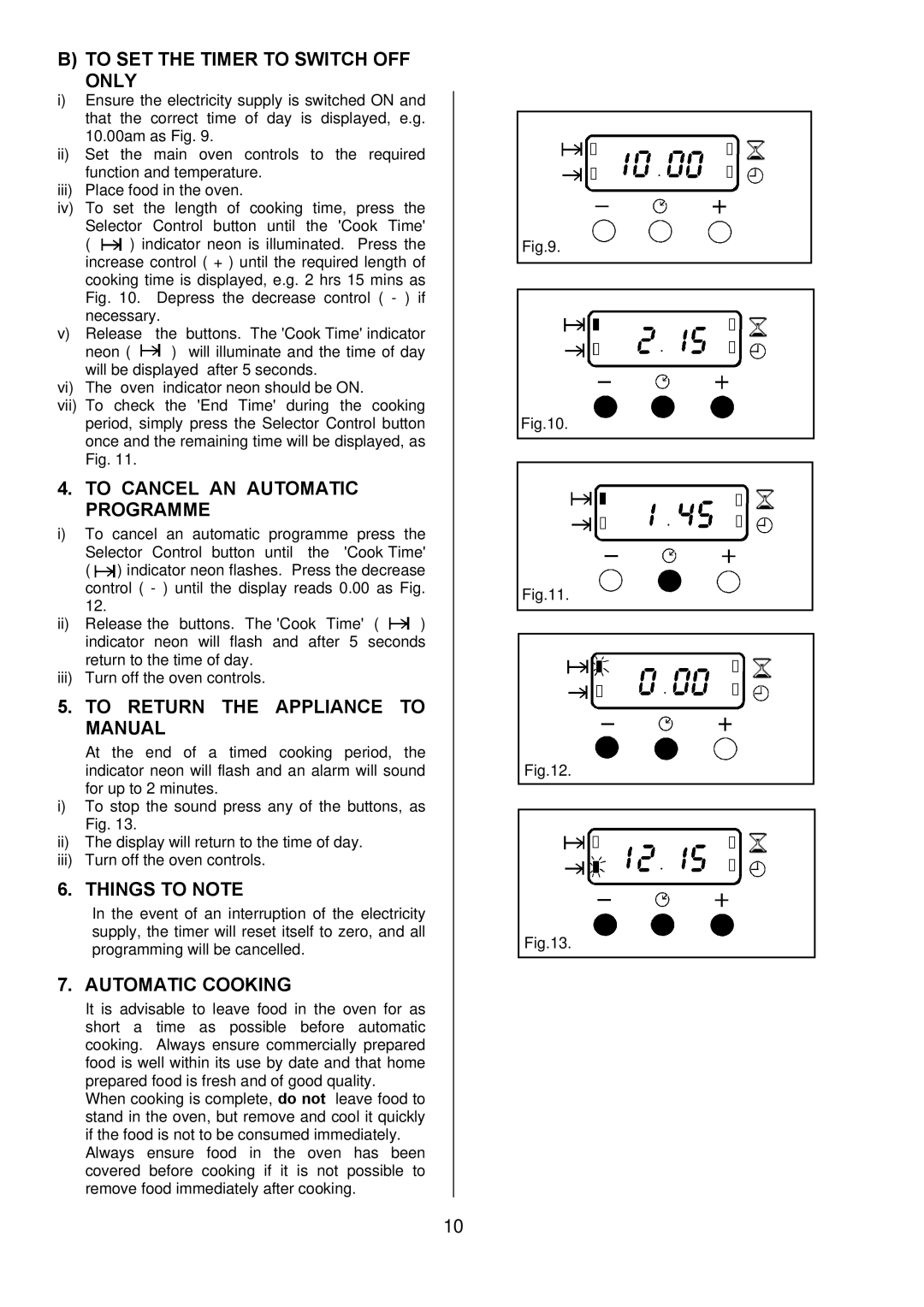 Zanussi ZUQ 875 To SET the Timer to Switch OFF only, To Cancel AN Automatic Programme, To Return the Appliance to Manual 