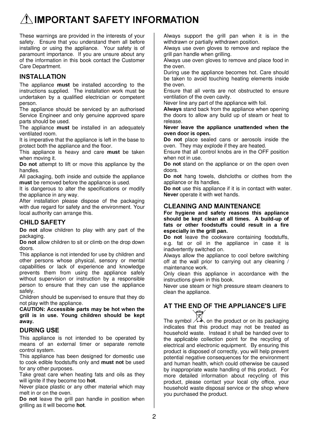 Zanussi ZUQ 875 manual Important Safety Information 