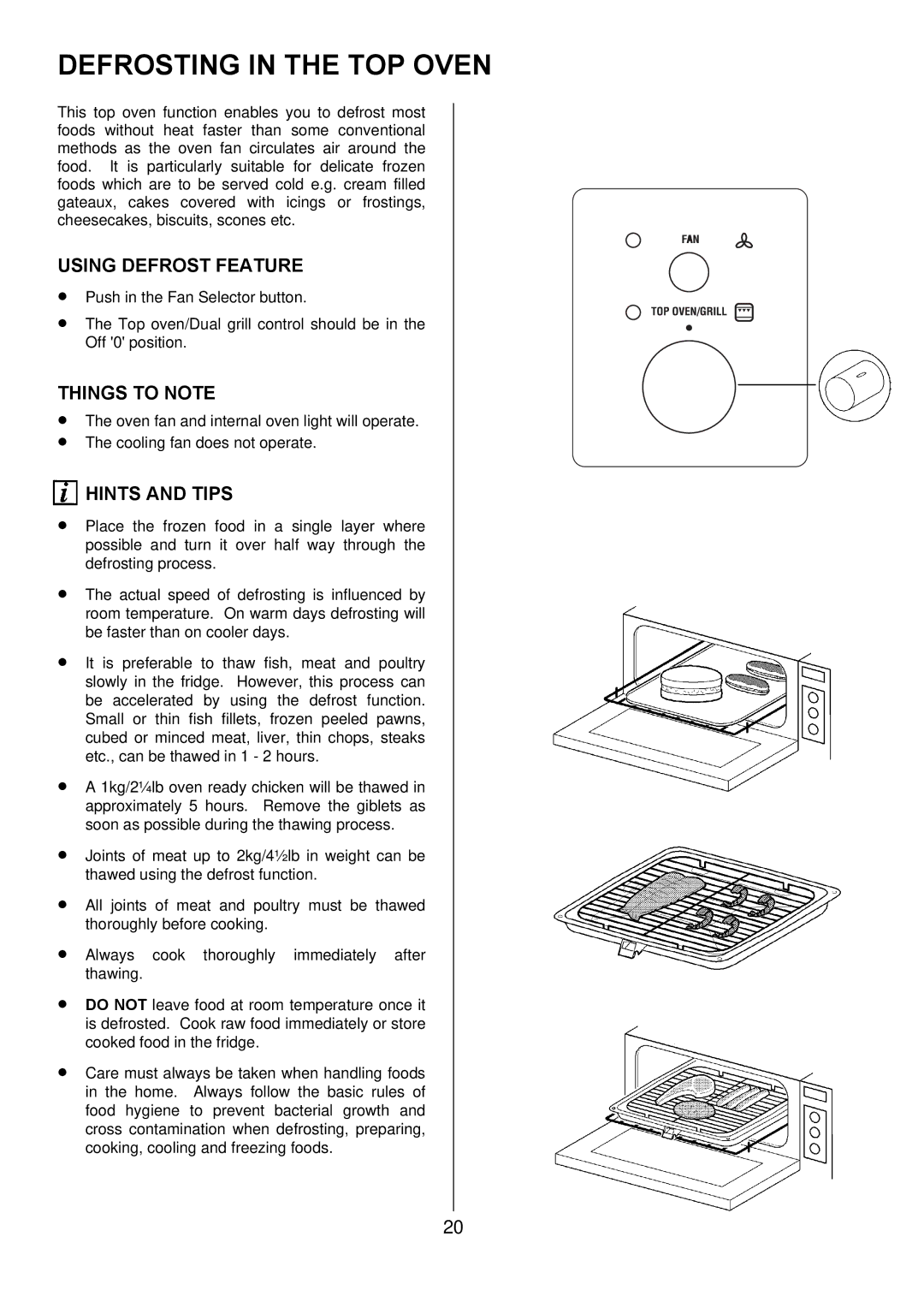 Zanussi ZUQ 875 manual Defrosting in the TOP Oven, Using Defrost Feature 