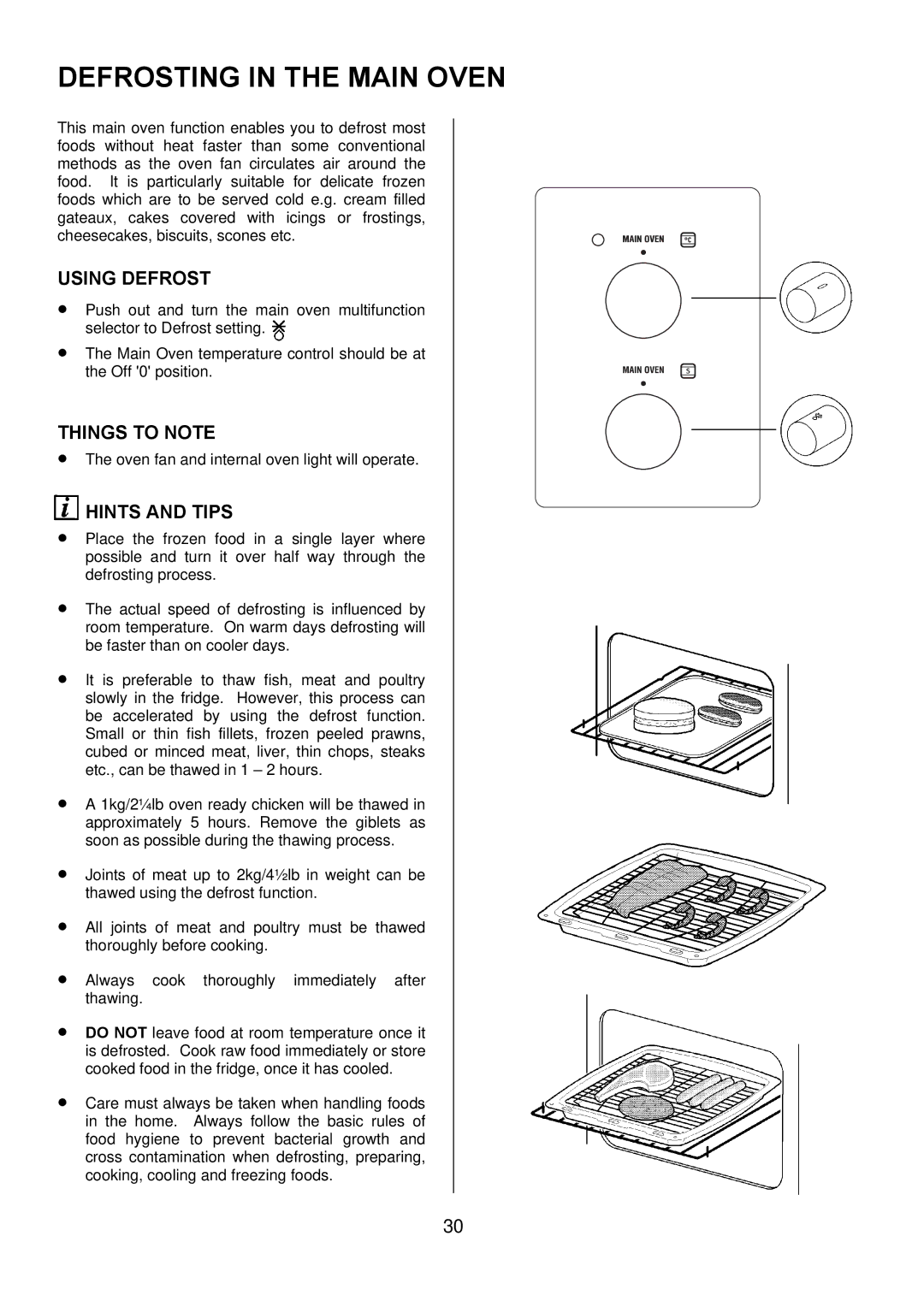 Zanussi ZUQ 875 manual Defrosting in the Main Oven, Using Defrost 