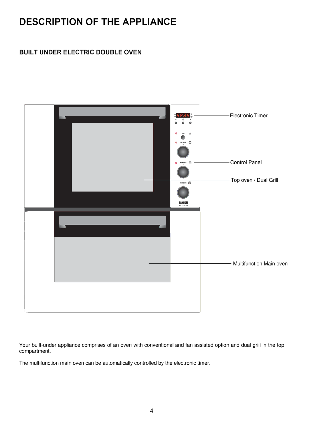 Zanussi ZUQ 875 manual Description of the Appliance, Built Under Electric Double Oven 