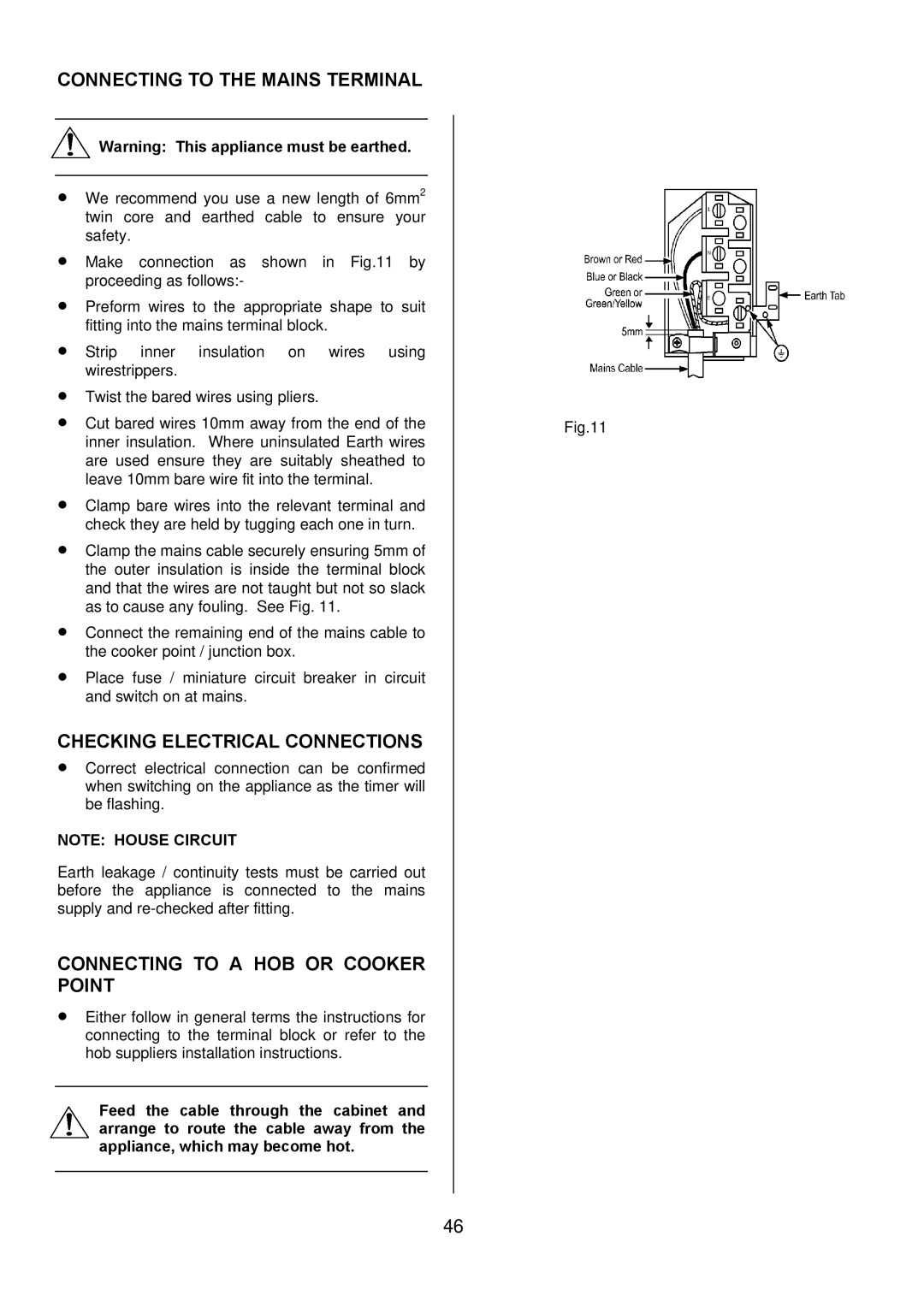 Zanussi ZUQ 875 Connecting to the Mains Terminal, Checking Electrical Connections, Connecting to a HOB or Cooker Point 