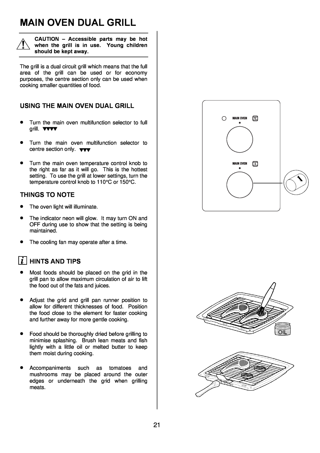 Zanussi ZUQ 875 manual Using The Main Oven Dual Grill, Things To Note, Hints And Tips 