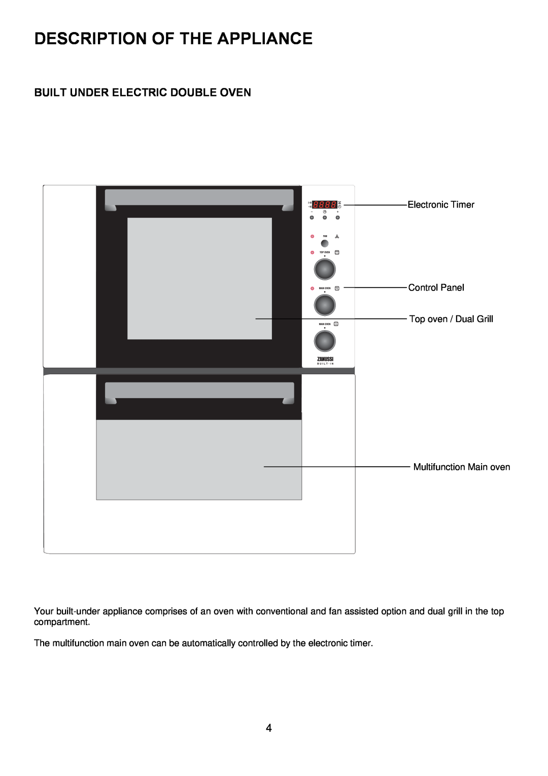 Zanussi ZUQ 875 manual Description Of The Appliance, Built Under Electric Double Oven 