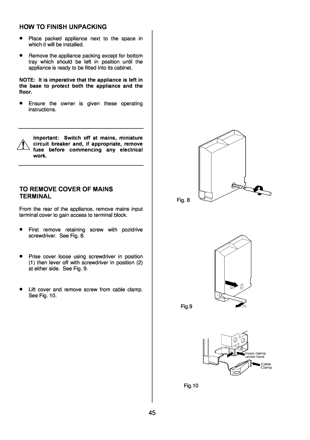 Zanussi ZUQ 875 manual How To Finish Unpacking, To Remove Cover Of Mains Terminal 