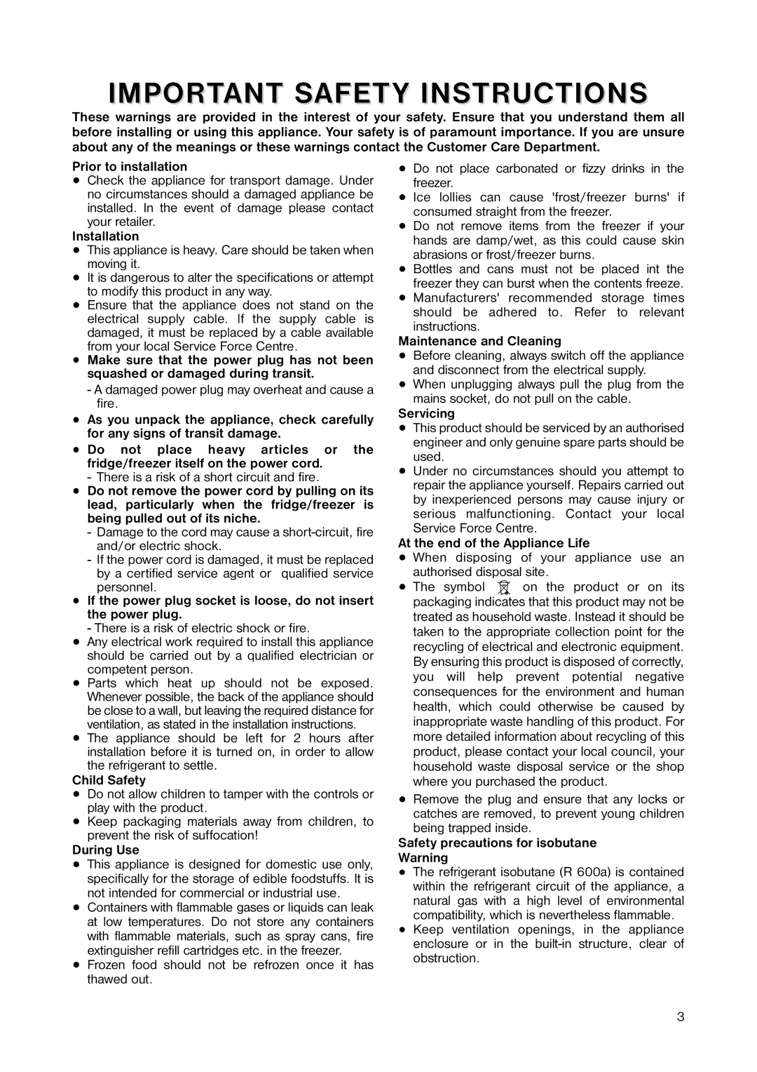 Zanussi ZUT 113S manual Prior to installation, Installation, Child Safety, During Use, Maintenance and Cleaning, Servicing 